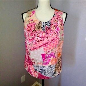 Christopher & Banks colorful pattern pleated sleeveless office blouse